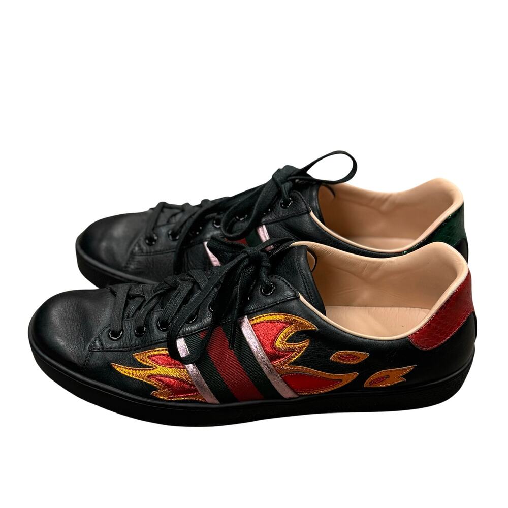 Men's GUCCI Ace Flame Black Leather Low Top Flame Lace-Up Sneakers Sz. 9 440724 - Picture 3 of 11